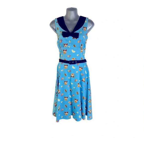 Voodoo Vixen Rockabilly 50s Swing Dress Blue Cat Print Retro Pinup Flair Size S - Picture 2 of 13